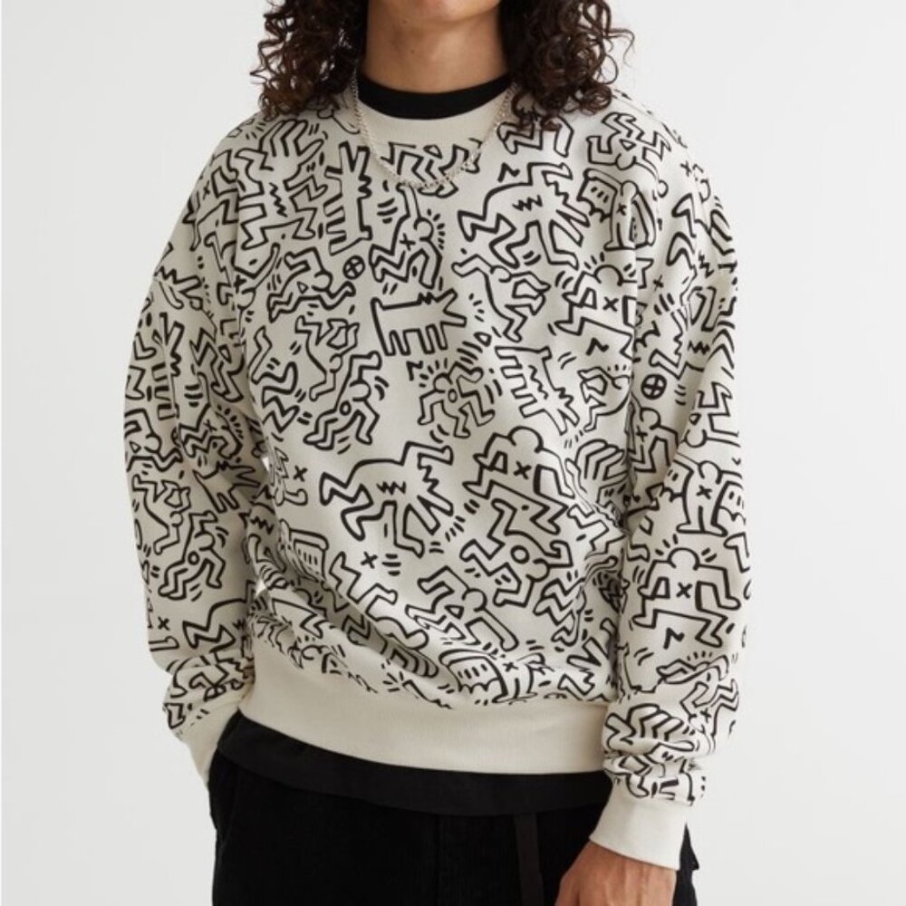 H&M x Keith Haring Sz S Oversized Unisex Black and White Barking Dog Crewneck